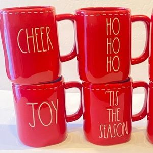 Rae Dunn Mugs 4 Set Christmas CHEER JOY ‘TIS THE SEASON HO HO HO Red Stitch NEW